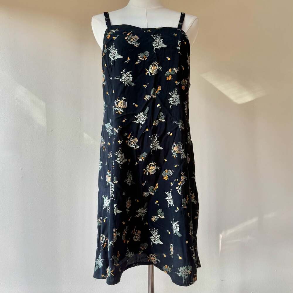 Vintage French Black Floral Viscose Midi Dress